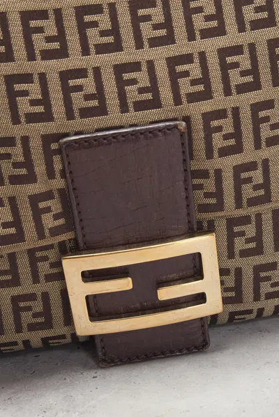 Pre-owned Fendi Zucchino Mama Baguette Shoulder Bag In Sand
