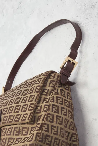 Pre-owned Fendi Zucchino Mama Baguette Shoulder Bag In Sand