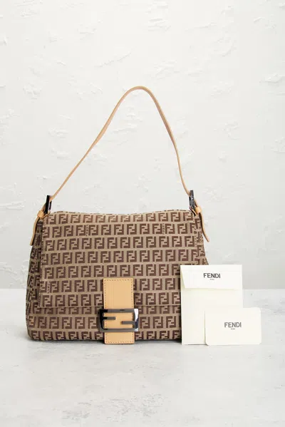 Pre-owned Fendi Zucchino Mama Baguette Shoulder Bag In Sand