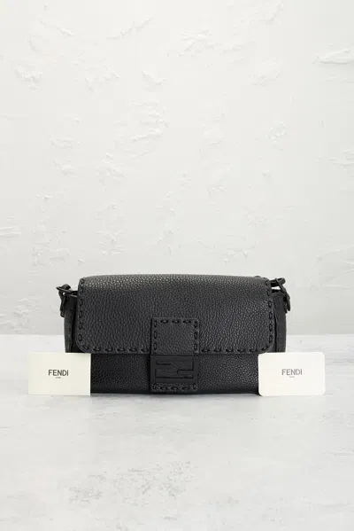 Pre-owned Fendi Selleria Baguette Shoulder Bag In Black