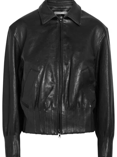 Aaron Esh Pleated-trim Leather Jacket In Black