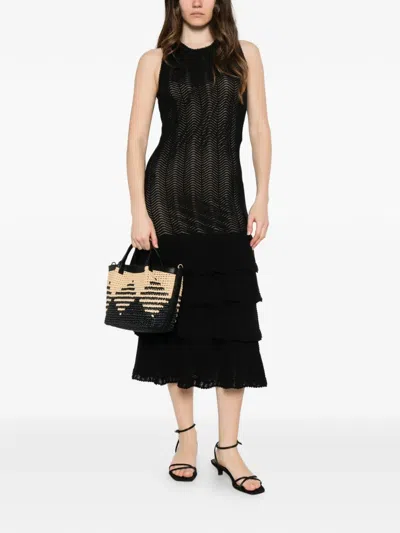 Twinset Pointelle-knit Ruffled Midi Dress In Black