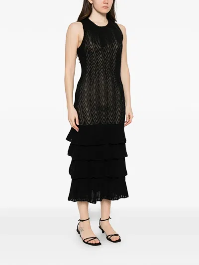 Twinset Pointelle-knit Ruffled Midi Dress In Black