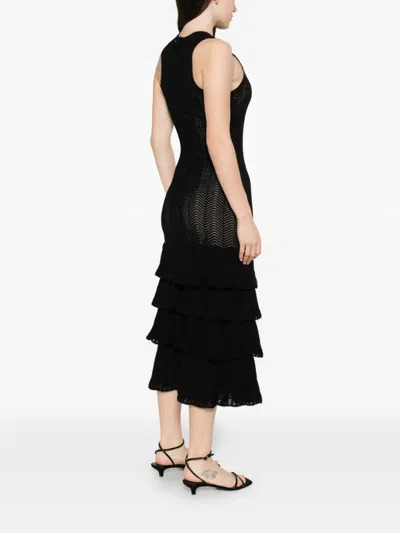Twinset Pointelle-knit Ruffled Midi Dress In Black