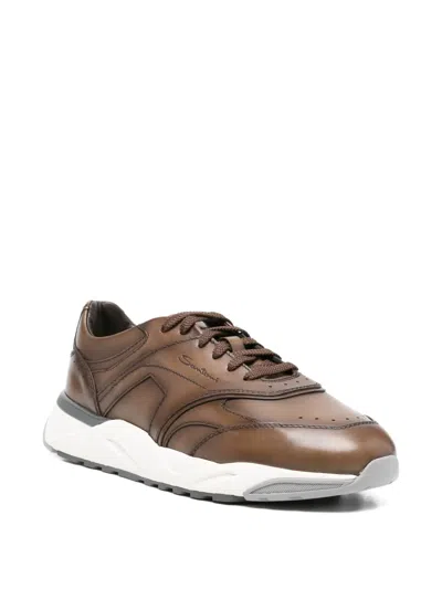 Santoni Panelled Leather Sneakers In Brown