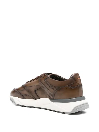 Santoni Panelled Leather Sneakers In Brown