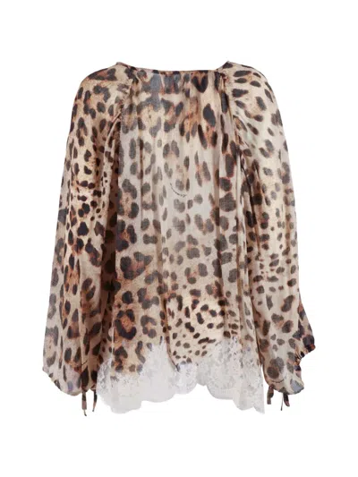 Ermanno Firenze Leopard-print Lace-trim Blouse In Neutral