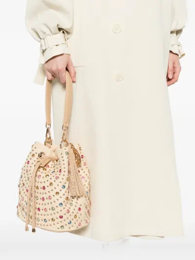 La Carrie Crystal-embellished Studded Bucket Bag In Neutral