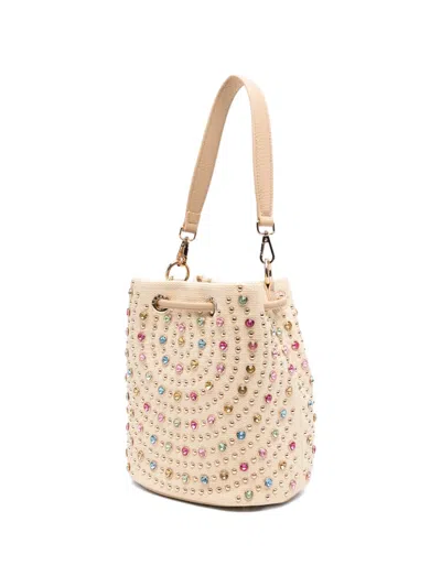 La Carrie Crystal-embellished Studded Bucket Bag In Neutral