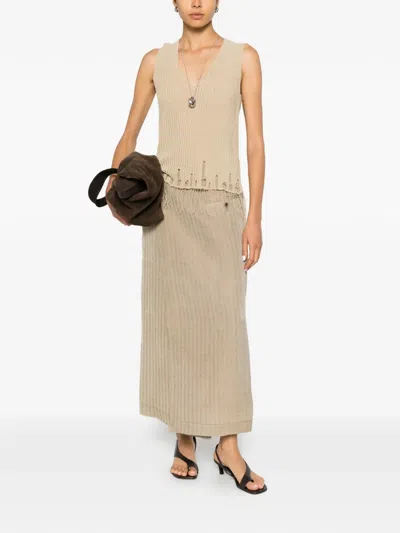 Uma Wang Loose Rib Distressed Fringed Vest In Neutral