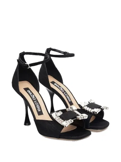Sergio Rossi Black Satin Crystal Embellished Ankle Strap Sandals In Black
