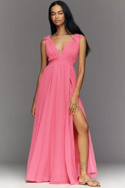Mac Duggal Ieena V-neck Chiffon Maxi Dress In Pink