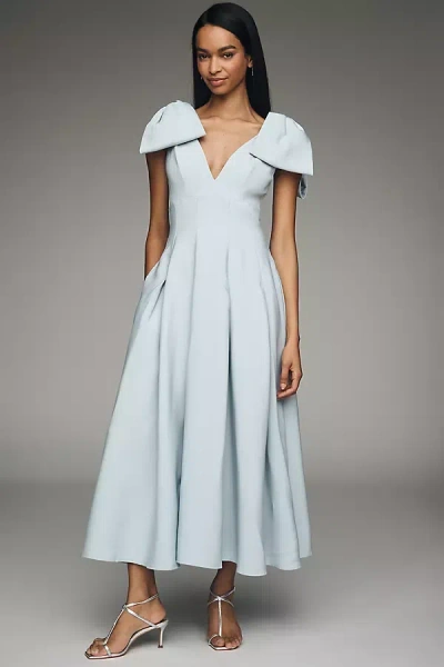 Mac Duggal Crepe A Line Midi Dress With Bow Straps In Blue