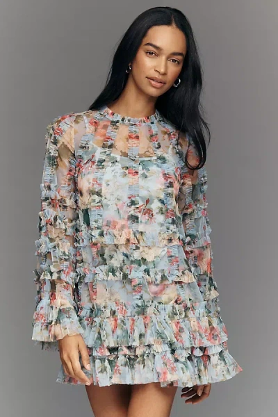 Mac Duggal Ruffle Bell-sleeve Mesh Mini Dress In Blue