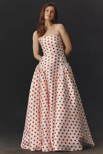 Mac Duggal White Strapless Polka Dot Mikado Ball Gown In Multi