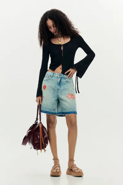 Desigual Printed Denim Bermuda In Multi
