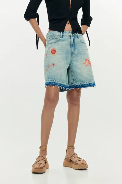 Desigual Printed Denim Bermuda In Multi