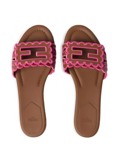 Fendi Baguette Embroidered Nappa Leather Slides In Multi