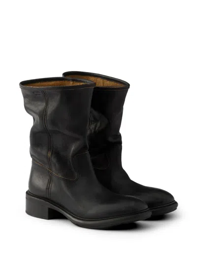 Prada Vintage-effect Leather Boots In Black