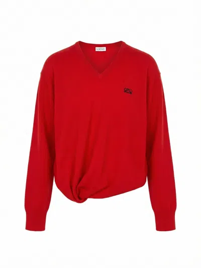 Loewe Womens Logo-embroidered Twisted-side Wool Jumper Xs In Red