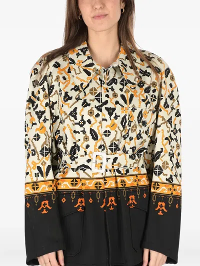 Maison Margiela Mm0 Hidden Closure Geometric Patterned Jacket With Belt In Multi