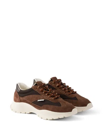Prada Mesh Fabric And Suede Sneakers In Brown