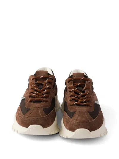 Prada Mesh Fabric And Suede Sneakers In Brown