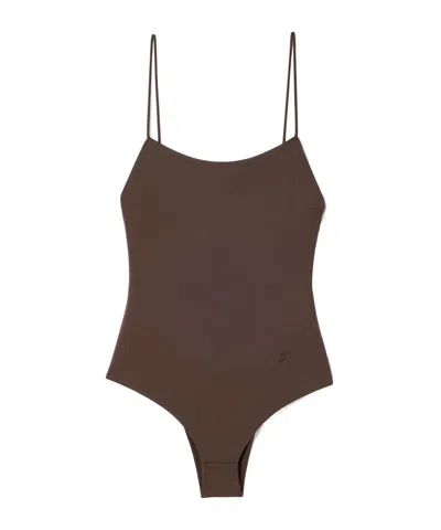 Jacquemus Cabana One Piece Swimsuit High Leg Ruffle In Brown