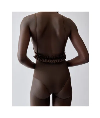 Jacquemus Cabana One Piece Swimsuit High Leg Ruffle In Brown
