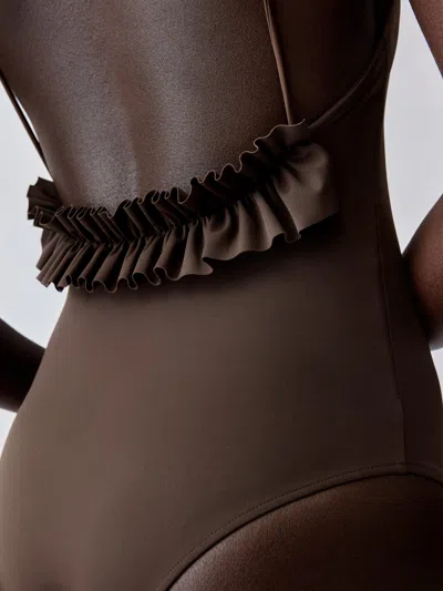 Jacquemus Cabana One Piece Swimsuit High Leg Ruffle In Brown