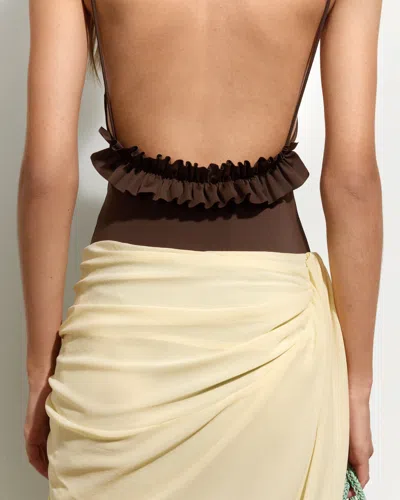 Jacquemus Cabana One Piece Swimsuit High Leg Ruffle In Brown