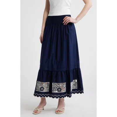 Love The Label Nolan Maxi Skirt In Navy Ivory Embroidery In Animal Print