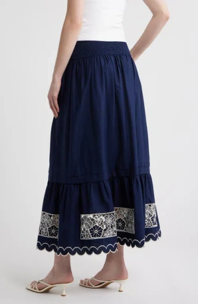 Love The Label Nolan Maxi Skirt In Navy Ivory Embroidery In Animal Print