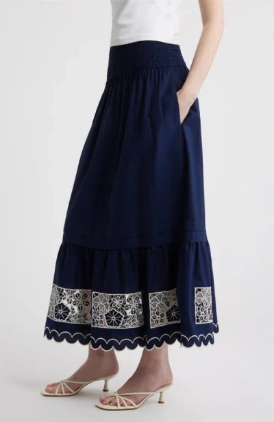 Love The Label Nolan Maxi Skirt In Navy Ivory Embroidery In Animal Print