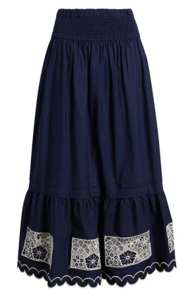 Love The Label Nolan Maxi Skirt In Navy Ivory Embroidery In Animal Print