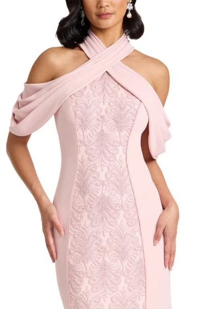 Tadashi Shoji Kato Embroidered Off-shoulder Halter Gown In Pink