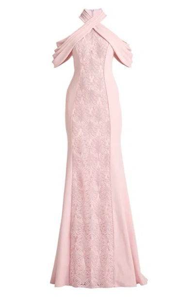 Tadashi Shoji Kato Embroidered Off-shoulder Halter Gown In Pink