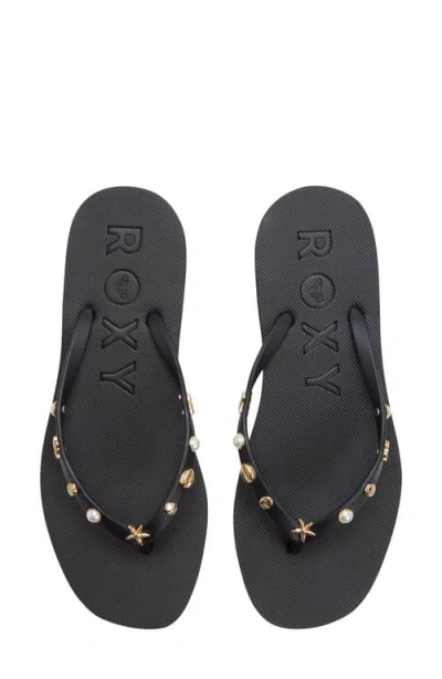 Roxy Hema Shell Stud Flip Flop In Black