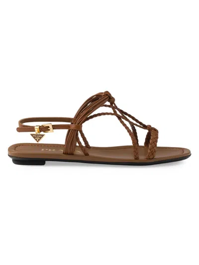 Prada Flat Leather Sandals In Brown