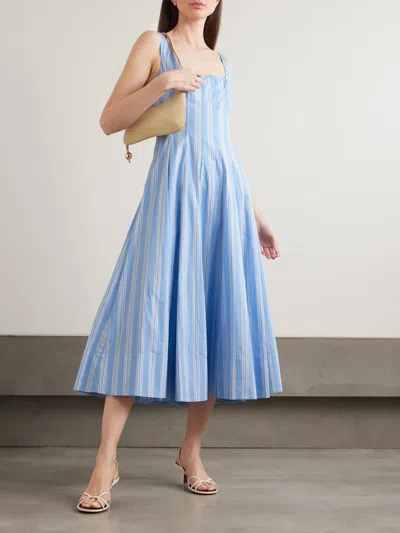 Staud Wells Paneled Striped Cotton-blend Poplin Midi Dress In Blue