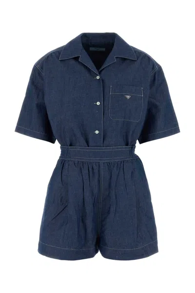 Prada Chambray Jumpsuit Belted Waist Chest Pocket Short Sleeves In Blue