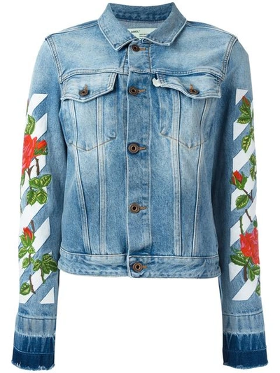 Off-white Roses Embroidered Cotton Denim Jacket, Blue