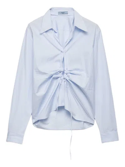 Prada Ruched Laced Collared Blouse In Blue