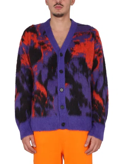 Msgm V-neck Ribbed Cardigan Bold Pattern In Purple