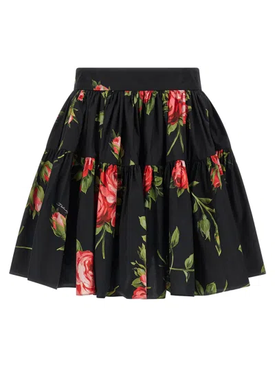 Dolce & Gabbana Mini Skirt With Rose Bouquet Print And Peplum Detail, Size 40 In Black