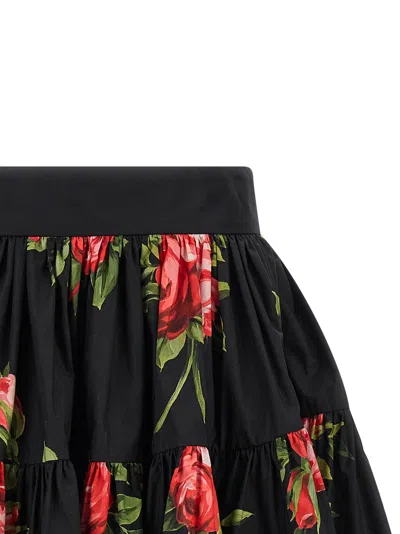 Dolce & Gabbana Mini Skirt With Rose Bouquet Print And Peplum Detail, Size 40 In Black