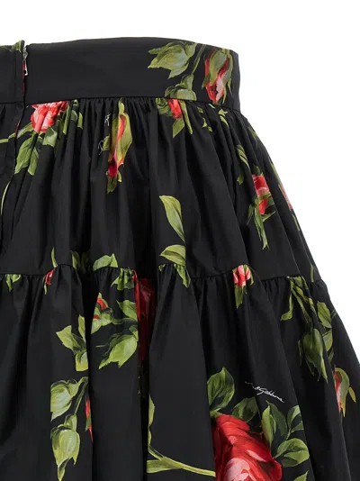 Dolce & Gabbana Mini Skirt With Rose Bouquet Print And Peplum Detail, Size 40 In Black