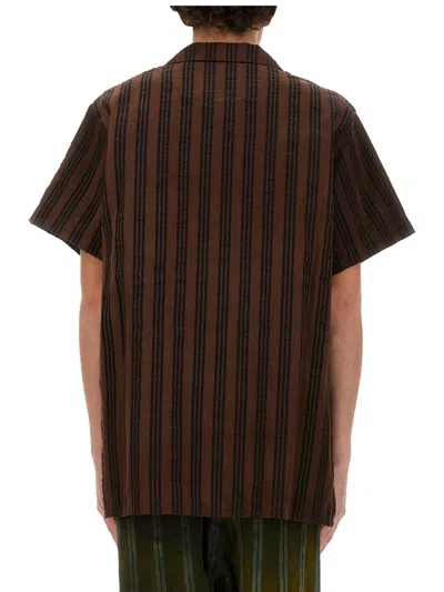 Uma Wang Striped Shirt With Oversized Collar And Textured Fabric