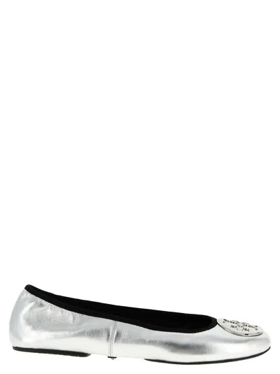 Tory Burch Silver Colored Ballerinas With Logo Plaque On The Front And Elasticated Design In Leather Woman In Gray