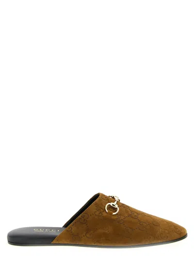 Gucci Women Brown Mule With Horsebit On The Front And All-over Gg Motif In Suede Woman In Brown